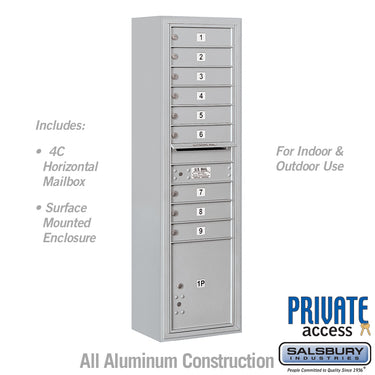 Maximum Height Surface Mounted 4C Horizontal Mailbox with 9 Doors and 1 Parcel Locker in Aluminum with Private Access